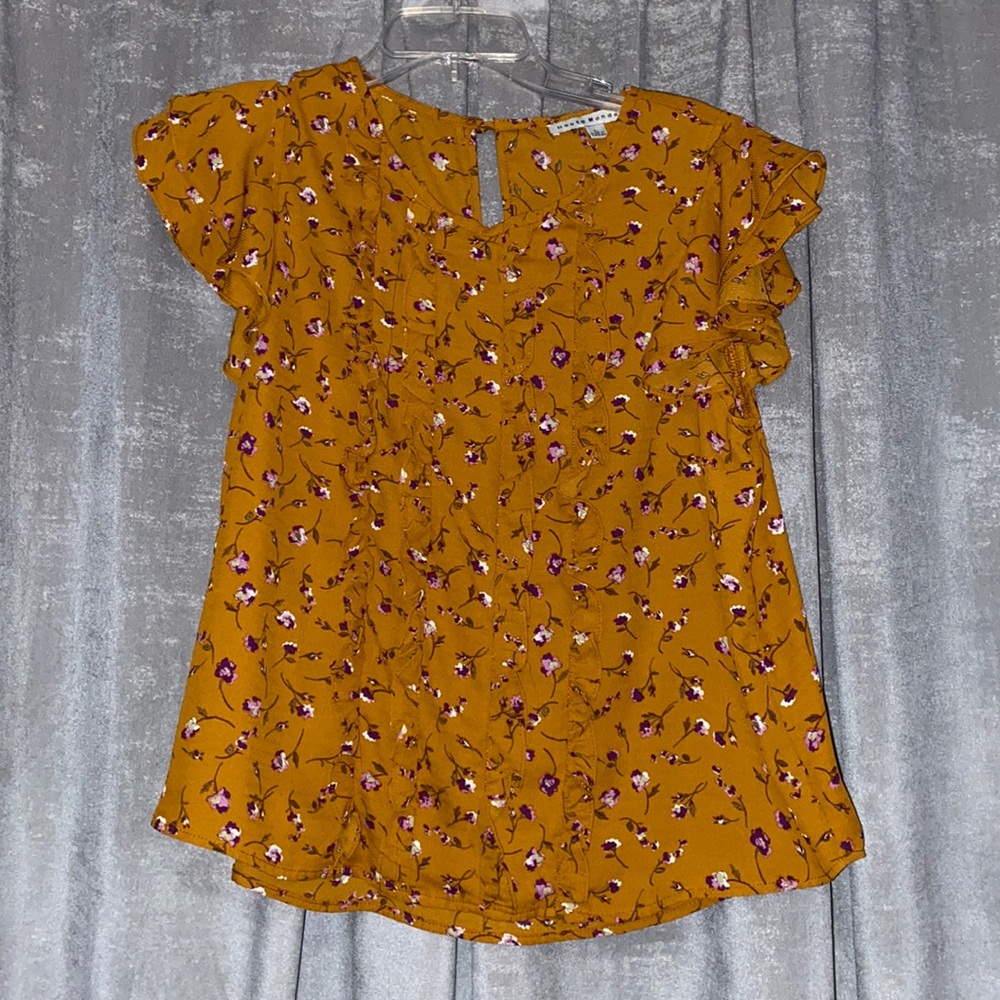 Yellow ruffled purple and white flower blouse